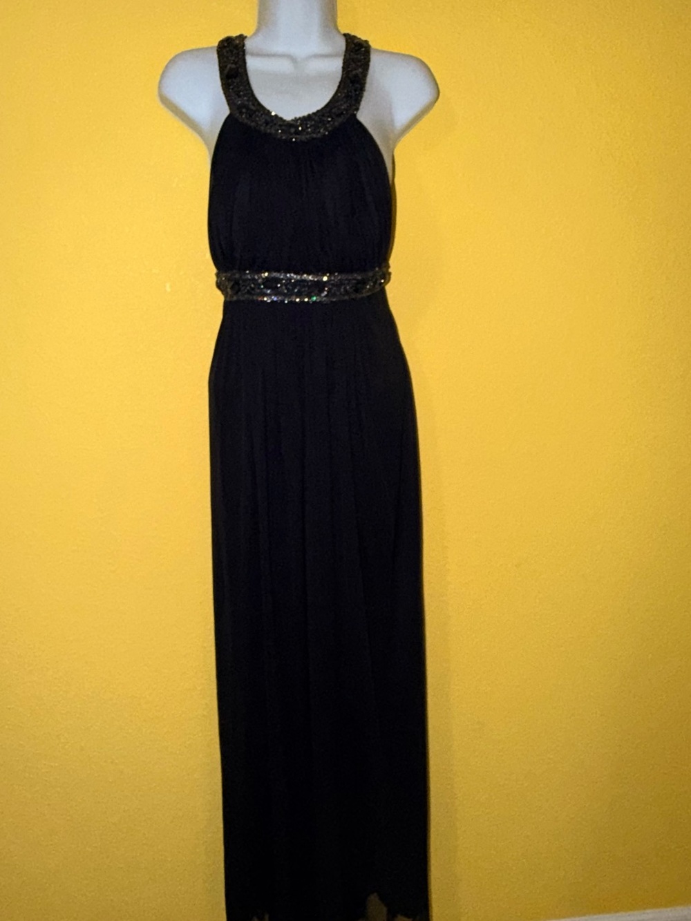 Xscape Black Halter Maxi Dress with Beaded Waist